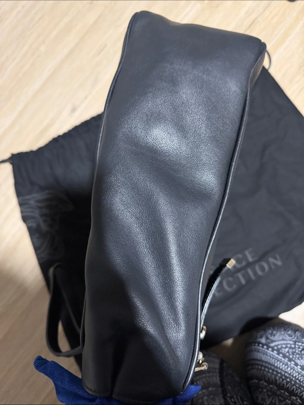 Versace Collection Black Leather Messenger Tote Bag